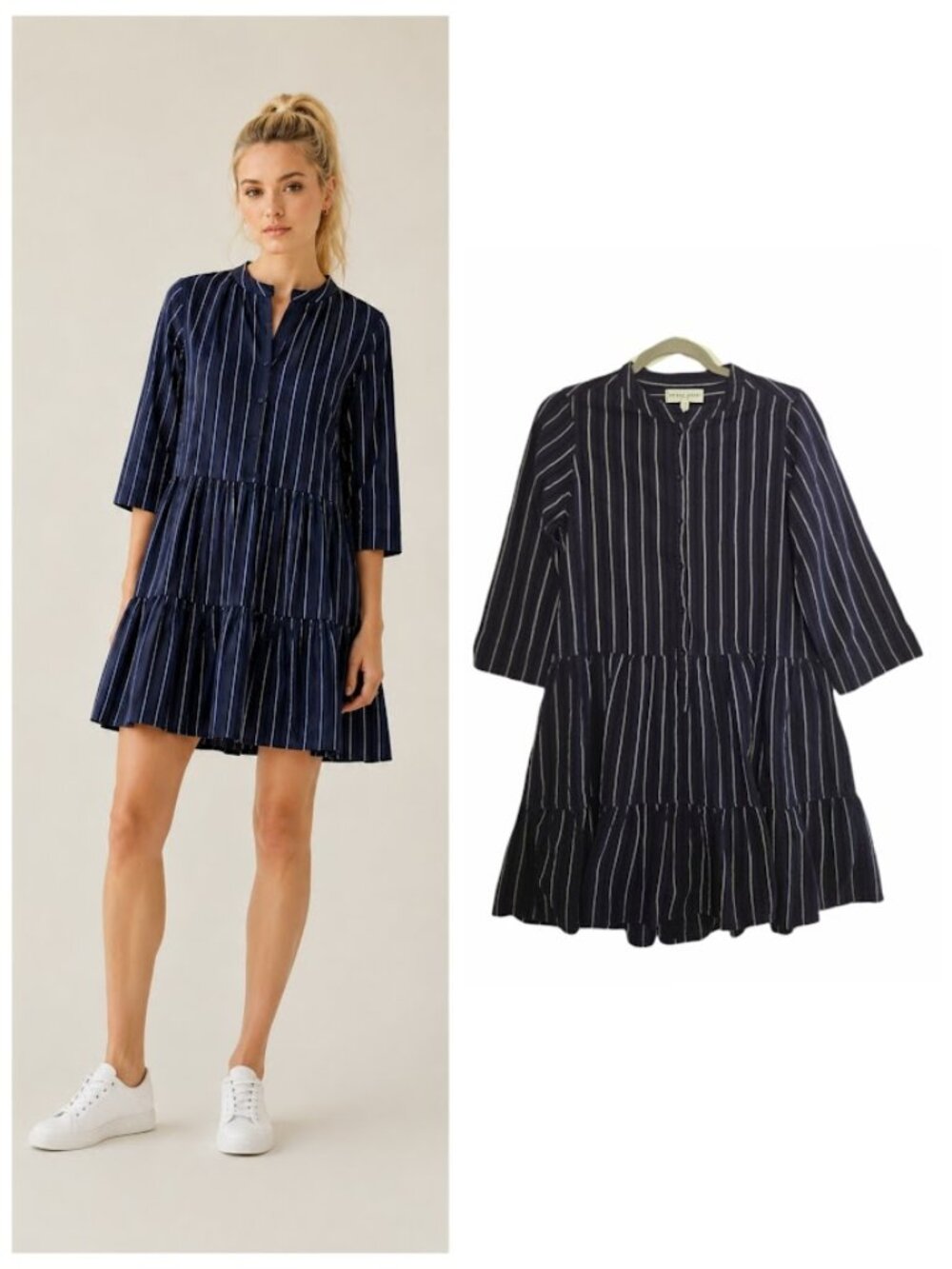 Apiece Apart Maurino Drop Waist Dress Tiered Stripe Cotton Linen S
